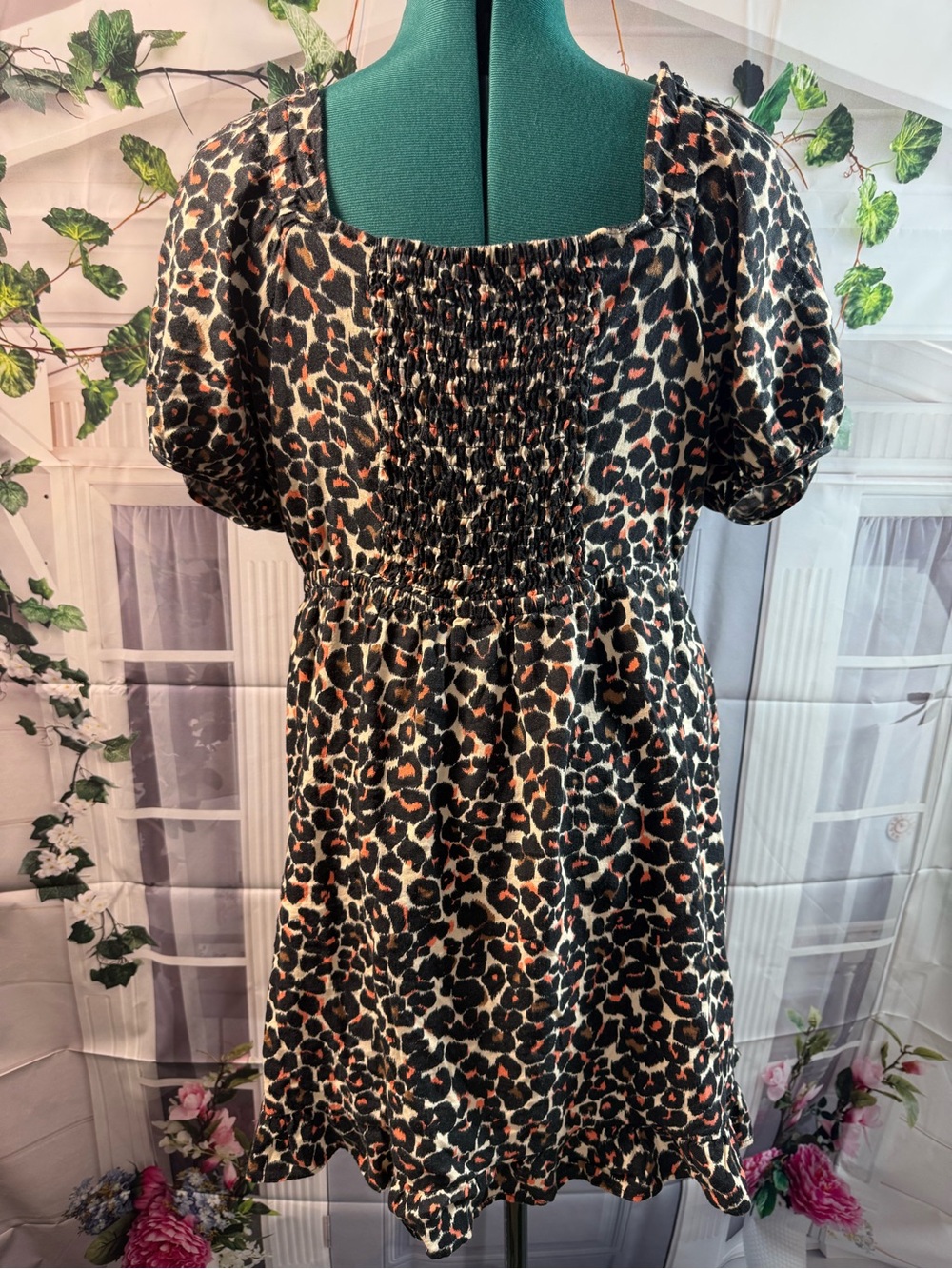 1001-Who What Wear Animal Print Smocked-Neck Mini Dress in Black, Tan, Rust - Picture 4 of 5